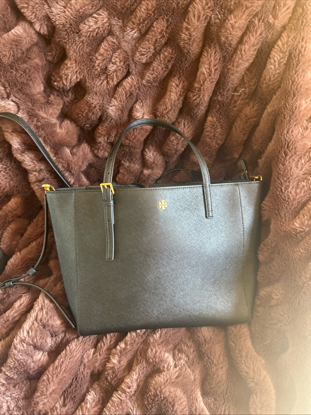 Tory Burch Emerson Black Leather Tote with Gold Logo